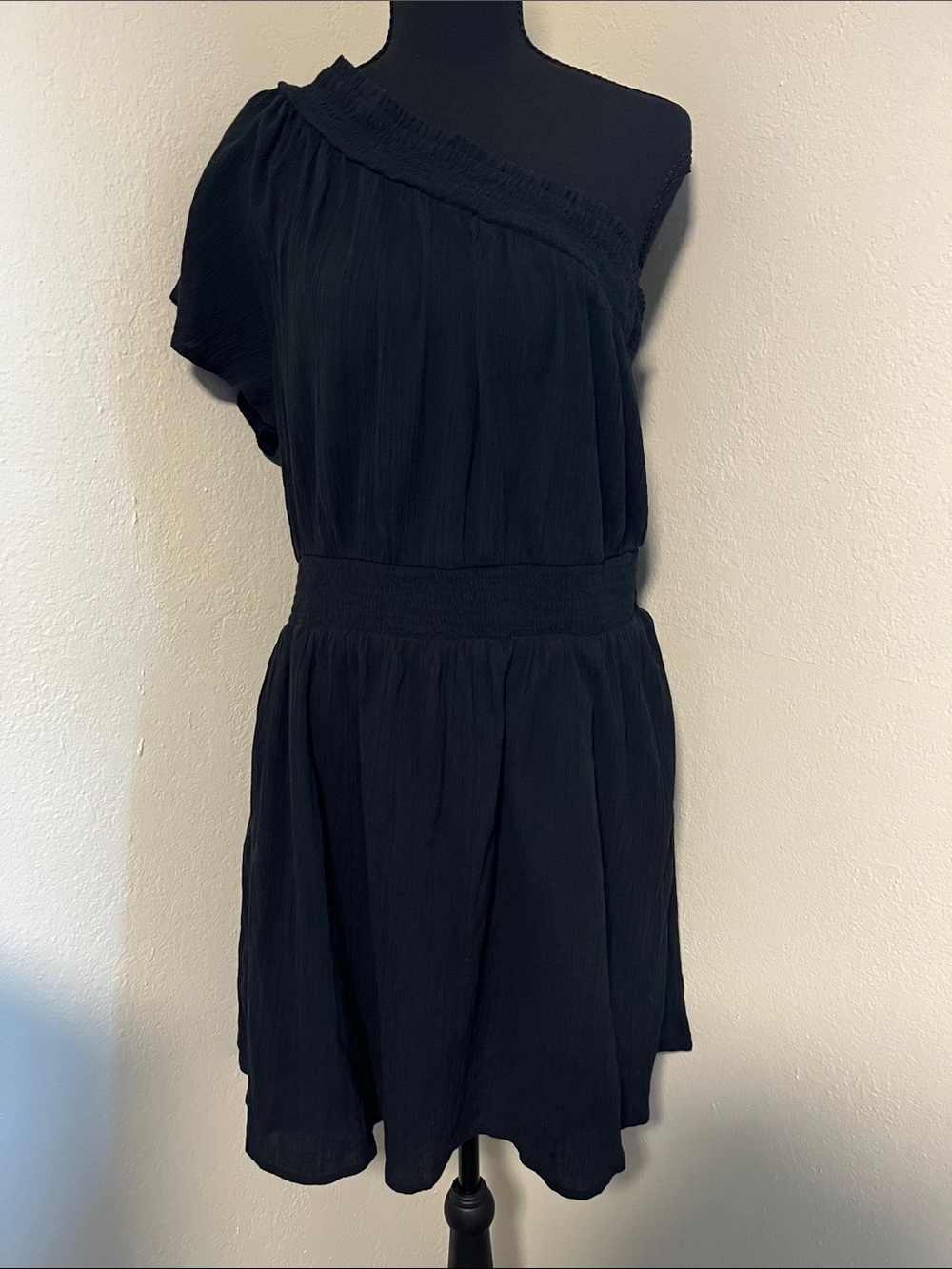 aerie One-Shoulder Black Smocked-Waist Dress-XL